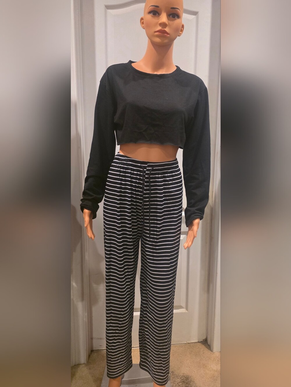 Striped Black & White Wide-Leg Lounge 2 Piece Set